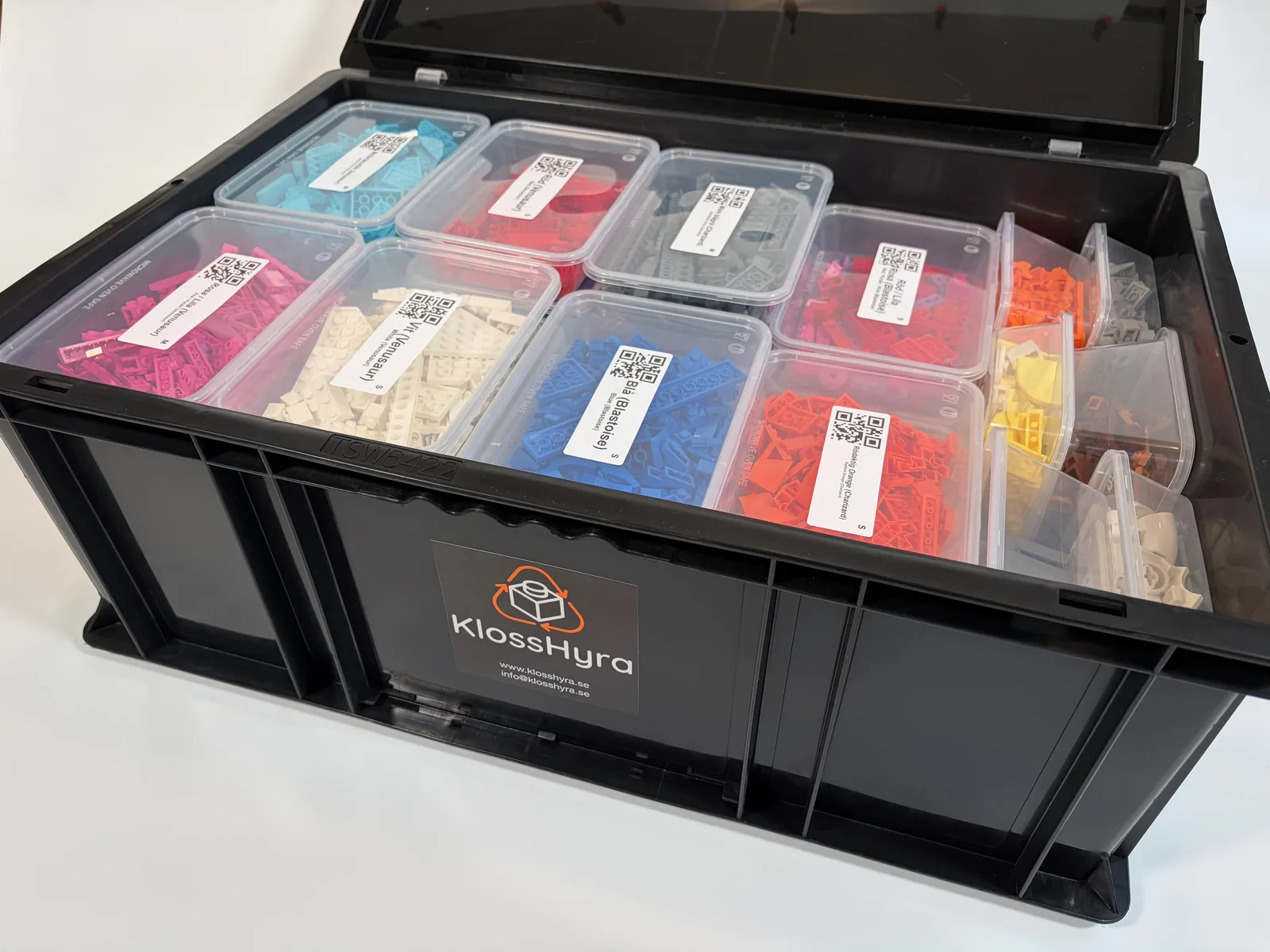 Open KlossHyra bin with sorted containers in different colours